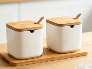 Bamboo and Wood Lid Double-Compartment Square Ceramic Seasoning Jar Set