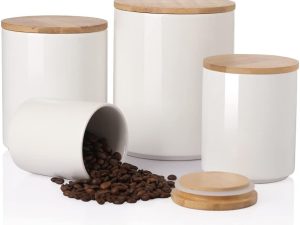 Ceramic Canisters Set, Food Storage Jars with Airtight Seal Bamboo Lid, Stackable Containers for Kitchen Counter, Ground Coffee, Flour, Sugar, Cookie, Dog Treats, Candy, Pack of 4 (White)