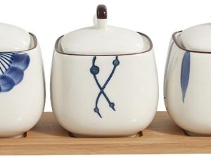 3-Piece Ceramic Seasoning Jar Set (with Bamboo Tray, Lids, and Spoons)