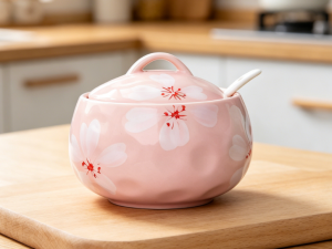 Decorative Ceramic Sugar Jar (with Lid and Spoon, Single Unit)